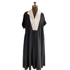 Kedem Sasson Dress OS One Size Linen Midi Black White Pocketed Shift